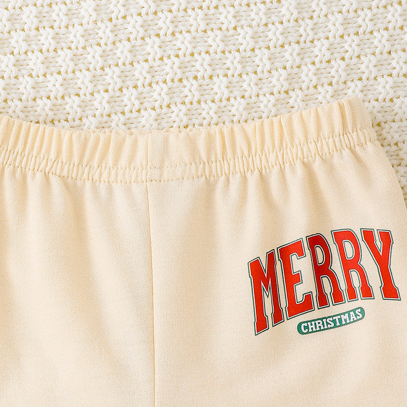 Conjunto navideño de 2 piezas para bebé - sudadera de manga larga con cuello redondo y estampado de la frase "MERY Christmas" y pantalón.