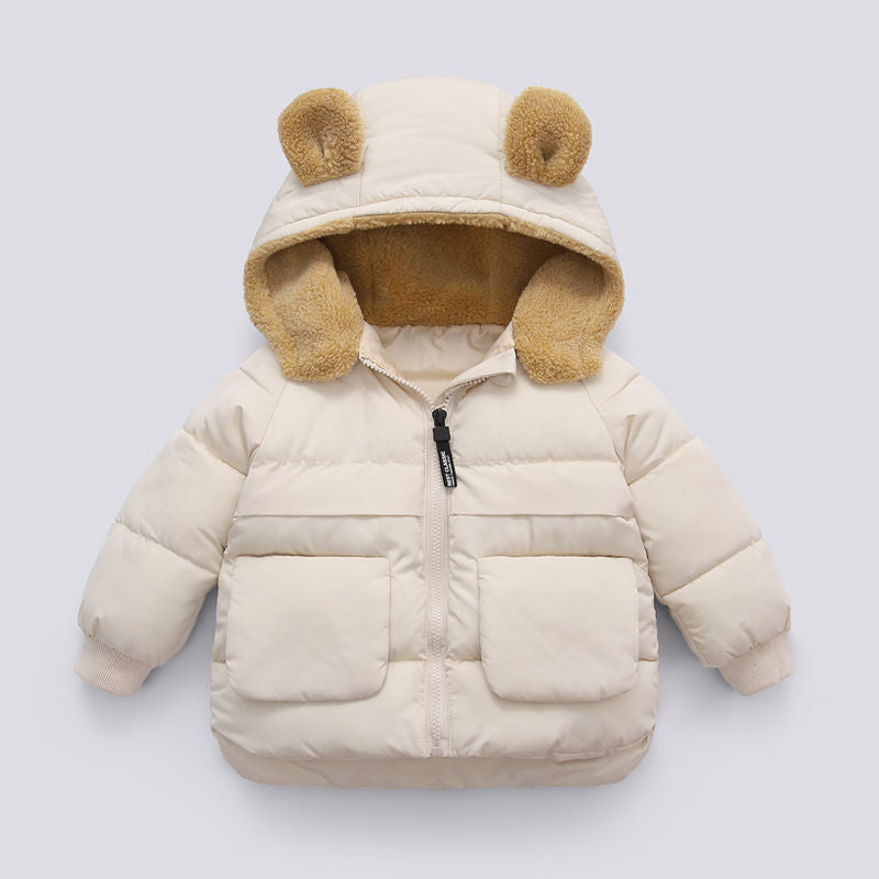 Chaqueta corta y gruesa con capucha para niños, ideal para otoño e invierno.