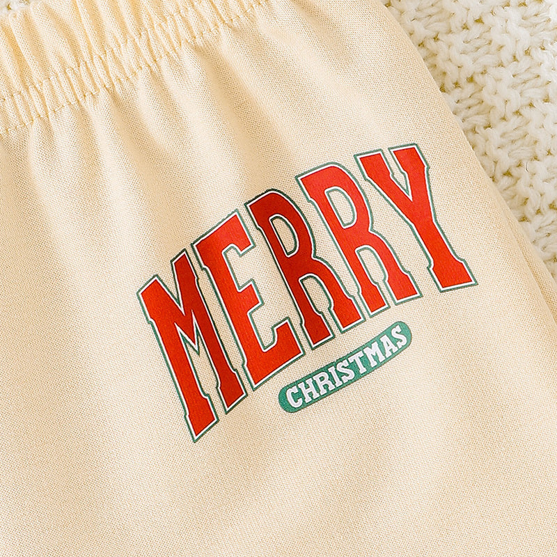 Conjunto navideño de 2 piezas para bebé - sudadera de manga larga con cuello redondo y estampado de la frase "MERY Christmas" y pantalón.