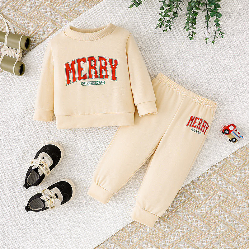 Conjunto navideño de 2 piezas para bebé - sudadera de manga larga con cuello redondo y estampado de la frase "MERY Christmas" y pantalón.