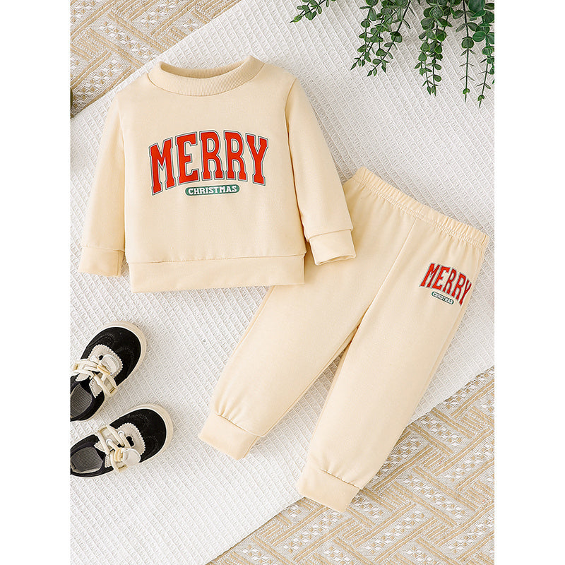 Conjunto navideño de 2 piezas para bebé - sudadera de manga larga con cuello redondo y estampado de la frase "MERY Christmas" y pantalón.