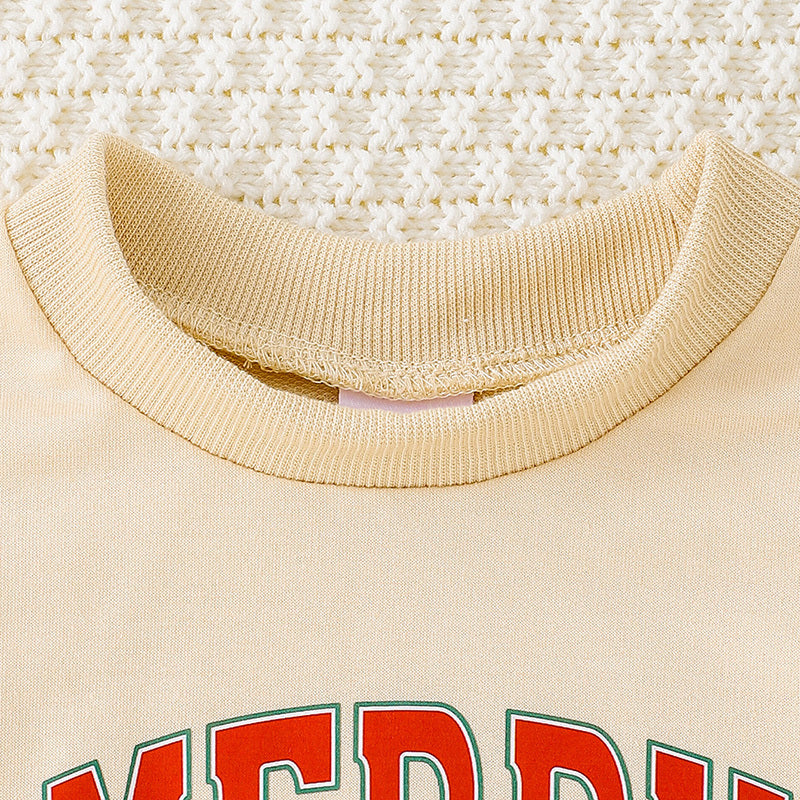 Conjunto navideño de 2 piezas para bebé - sudadera de manga larga con cuello redondo y estampado de la frase "MERY Christmas" y pantalón.